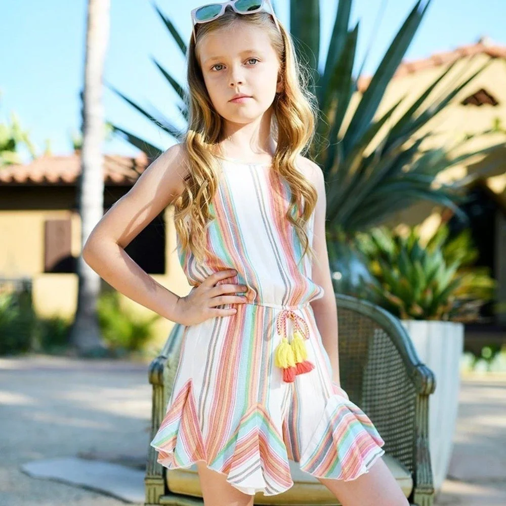 NEW Truly Me Boutique Striped Tween Girls Summer Romper sz 12 Colorful Tassles